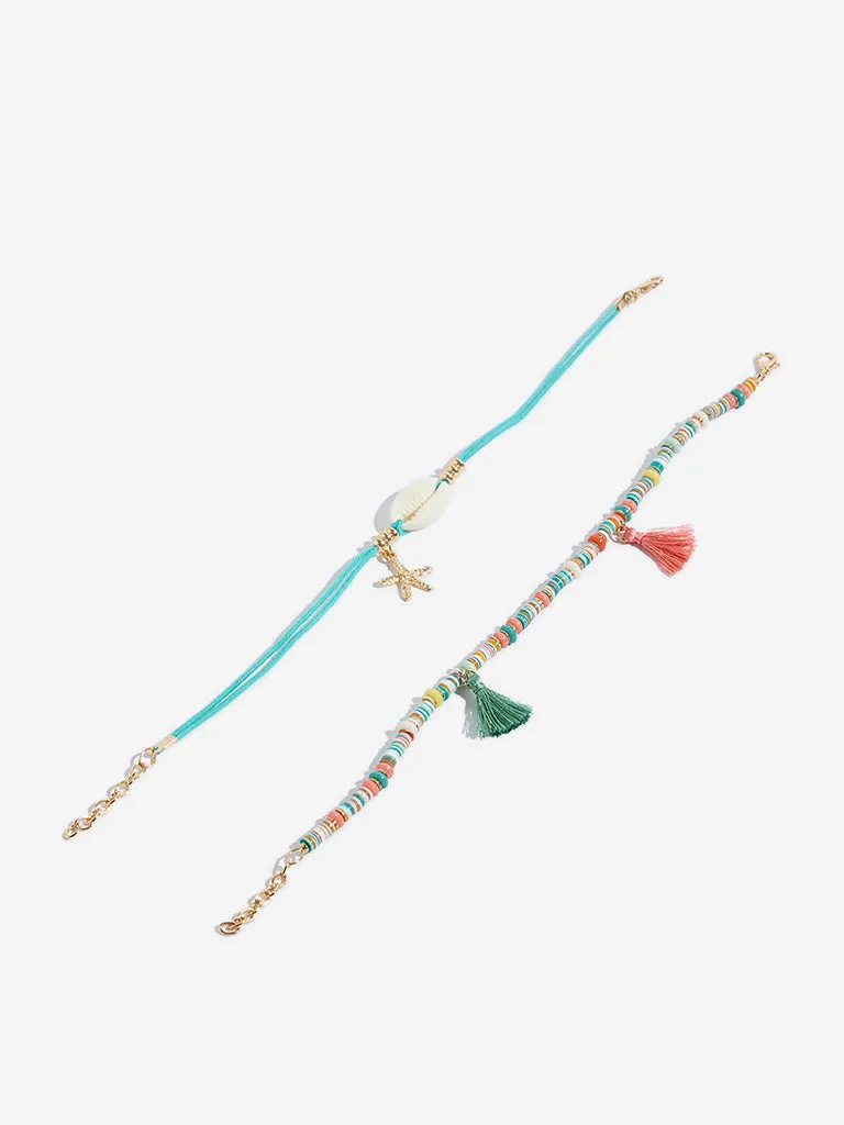 Westside Accessories Gold & Aqua Shell and Chip Anklet - Pack of 2