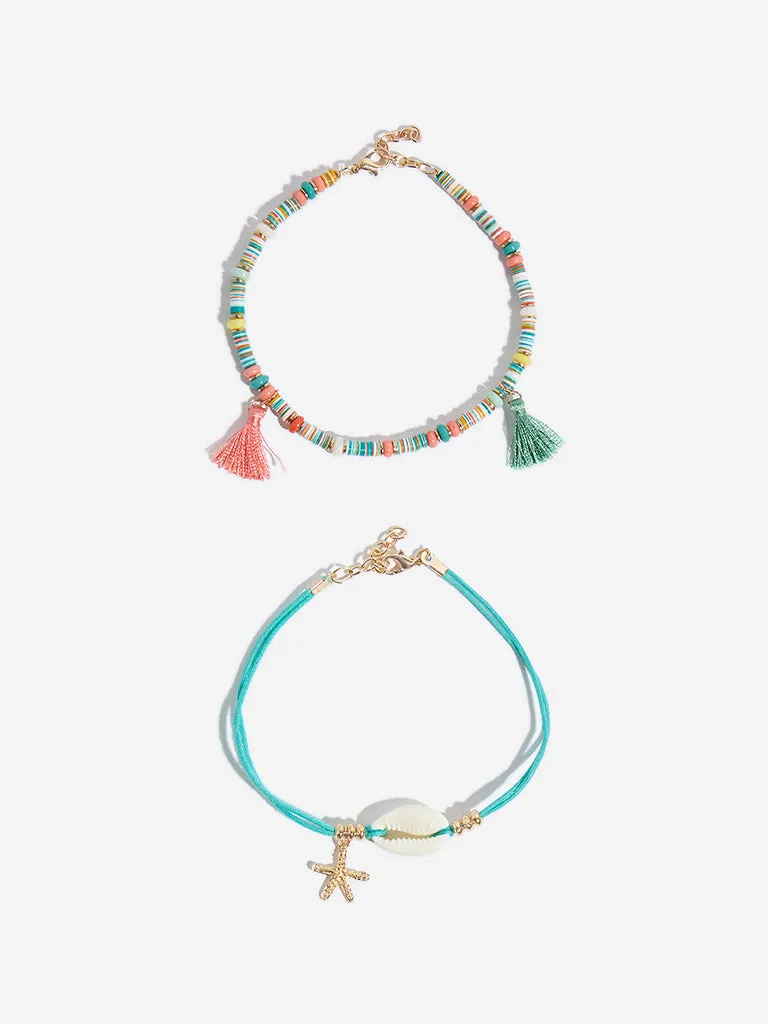 Westside Accessories Gold & Aqua Shell and Chip Anklet - Pack of 2