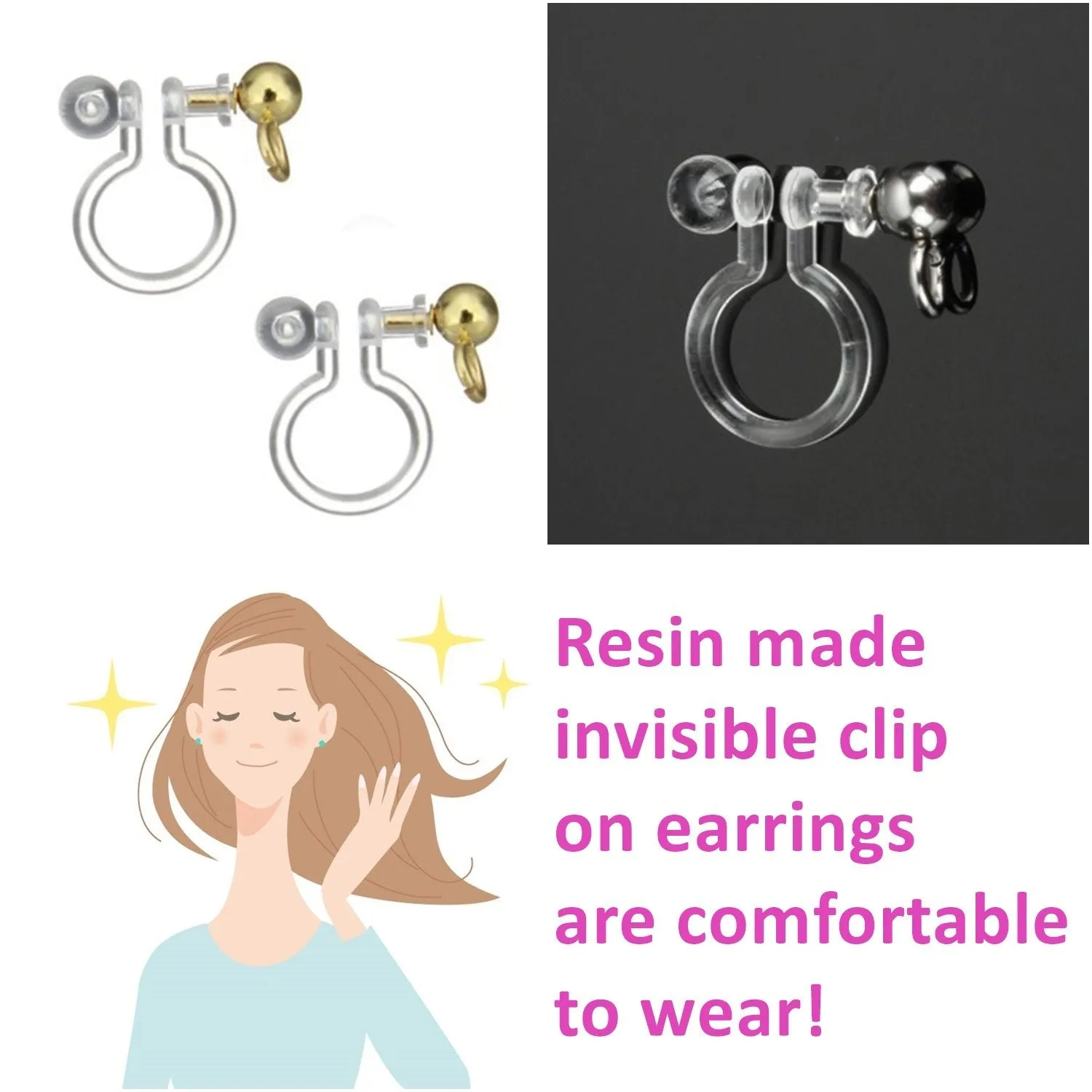 White Clover Invisible Clip On Stud Earrings ( Gold tone )