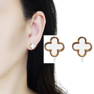 White Clover Invisible Clip On Stud Earrings ( Gold tone )