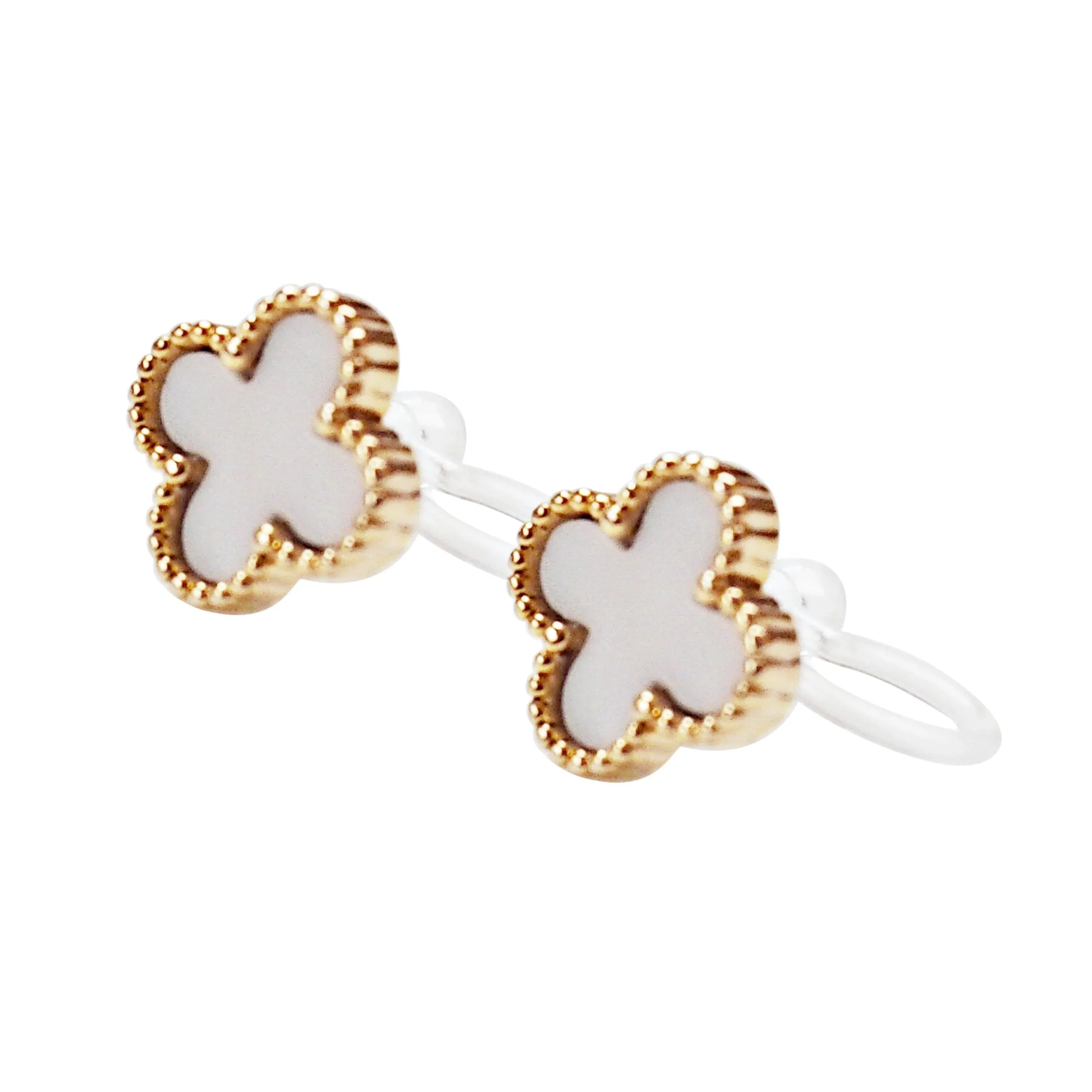 White Clover Invisible Clip On Stud Earrings ( Gold tone )
