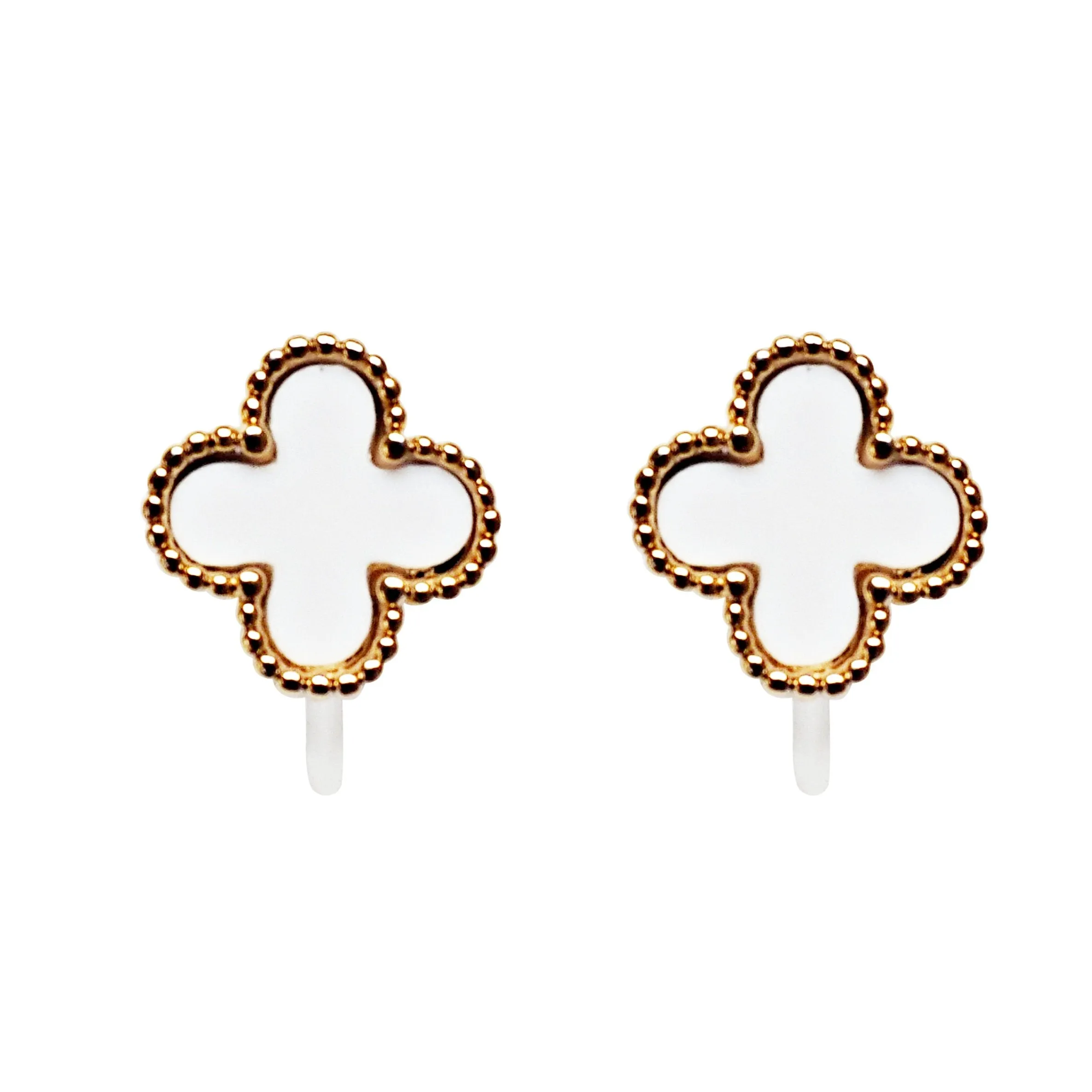 White Clover Invisible Clip On Stud Earrings ( Gold tone )