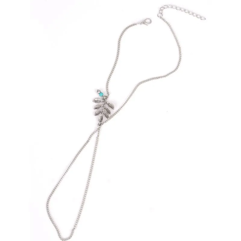 Wholesale Beach Simple Mori Retro Leaf Turquoise Tassel Anklet JDC-AS-Ly019