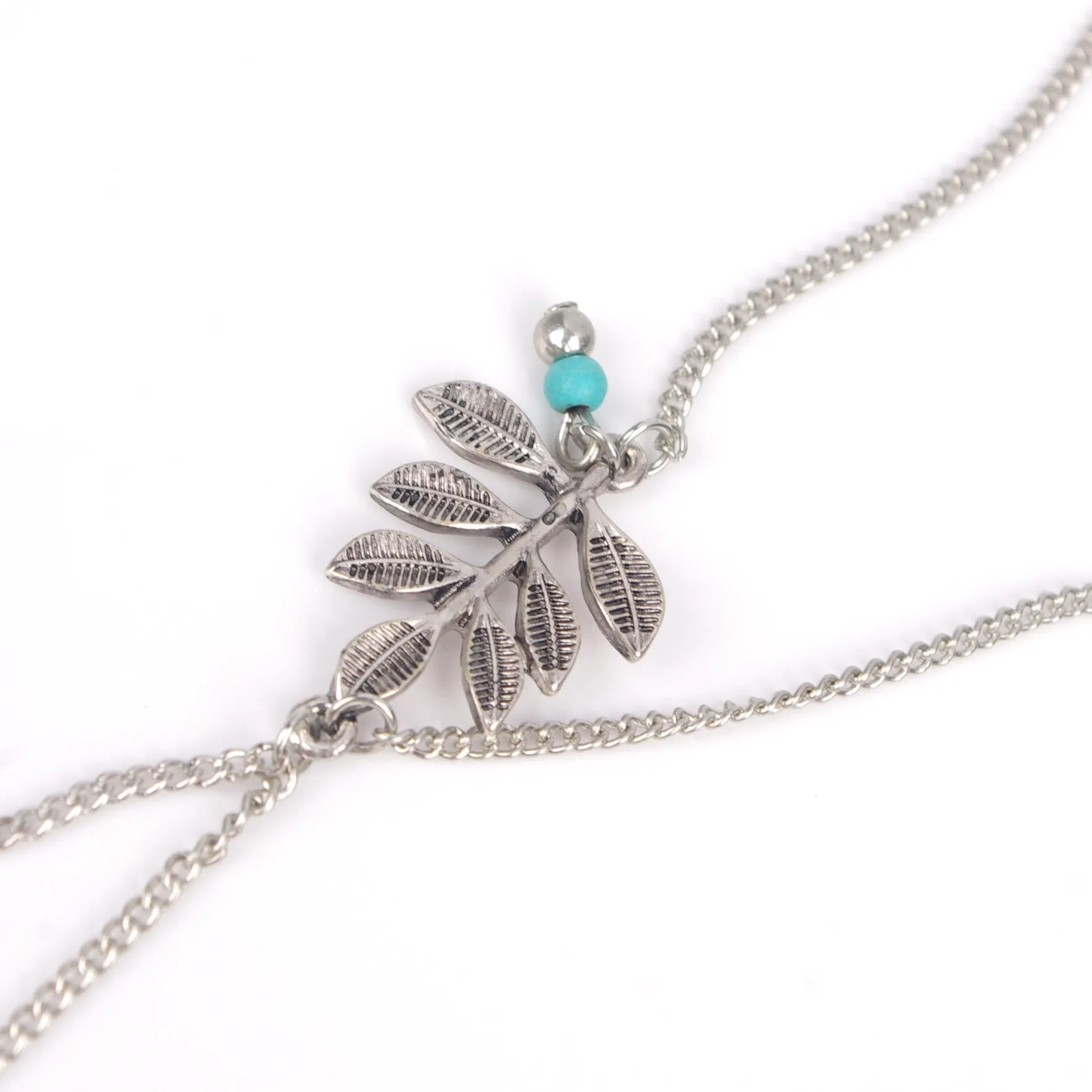 Wholesale Beach Simple Mori Retro Leaf Turquoise Tassel Anklet JDC-AS-Ly019
