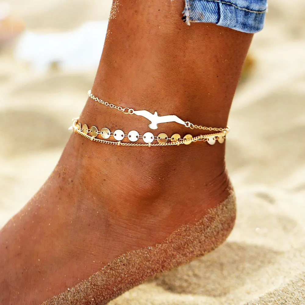Wholesale Bohemian Beach Anklet Simple Bird Picture Bead Chain Set JDC-AS-GSHR007
