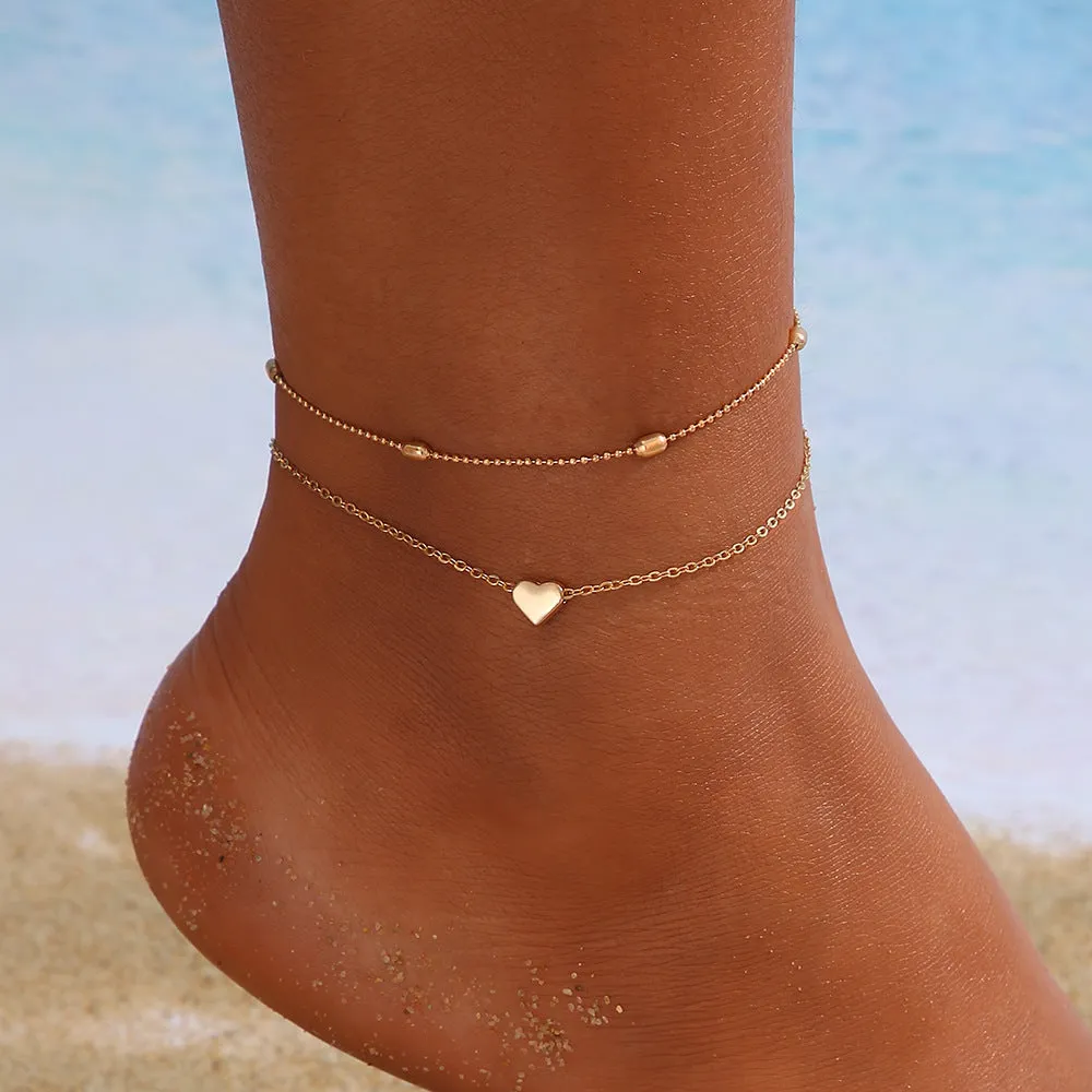 Wholesale New Bead Double-layer Love Heart Retro Simple Anklet