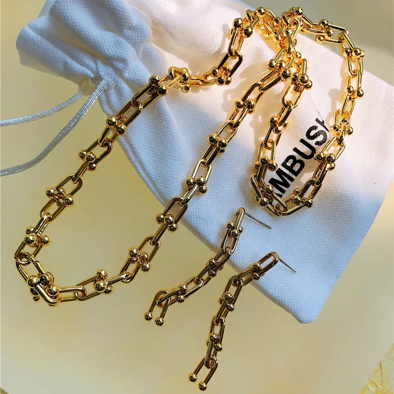 Wholesale Simple U-shaped Horseshoe Buckle Stitching Bracelet Necklace and Earrings Set
