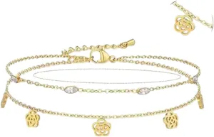 woman anklets,Layered Anklet with drops,Ankle Bracelets for Women,Link Chain Anklets Set, 18K Gold Plated Stainless Steel,fashion jewelry