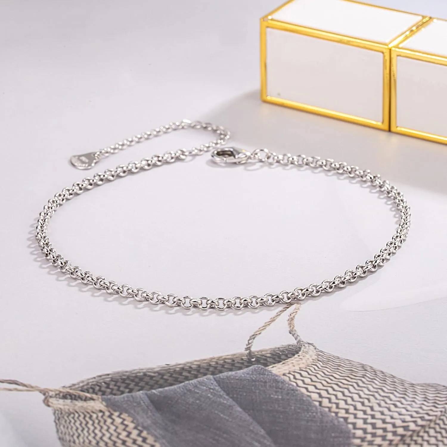 Women 925 Sterling Silver Anklets Bracelet Men Simple Chopin/Box Chain/Twist Rope Chain Summer Beach Foot 24k Gold Plated Jewelry Gift