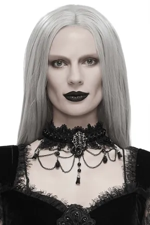 Women's Black Lace Necklace with Rhinestones / Elegant Gothic Necklace with Drop Shaped Pendant