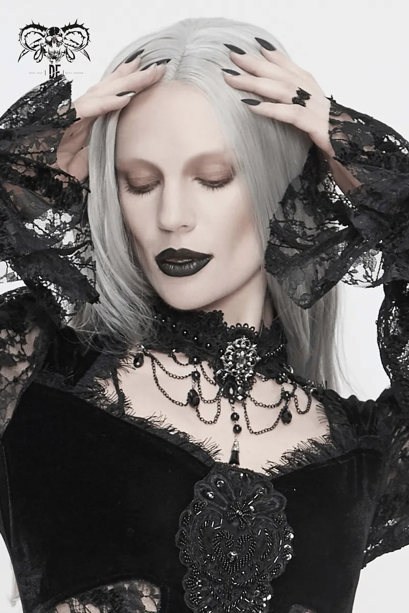 Women's Black Lace Necklace with Rhinestones / Elegant Gothic Necklace with Drop Shaped Pendant