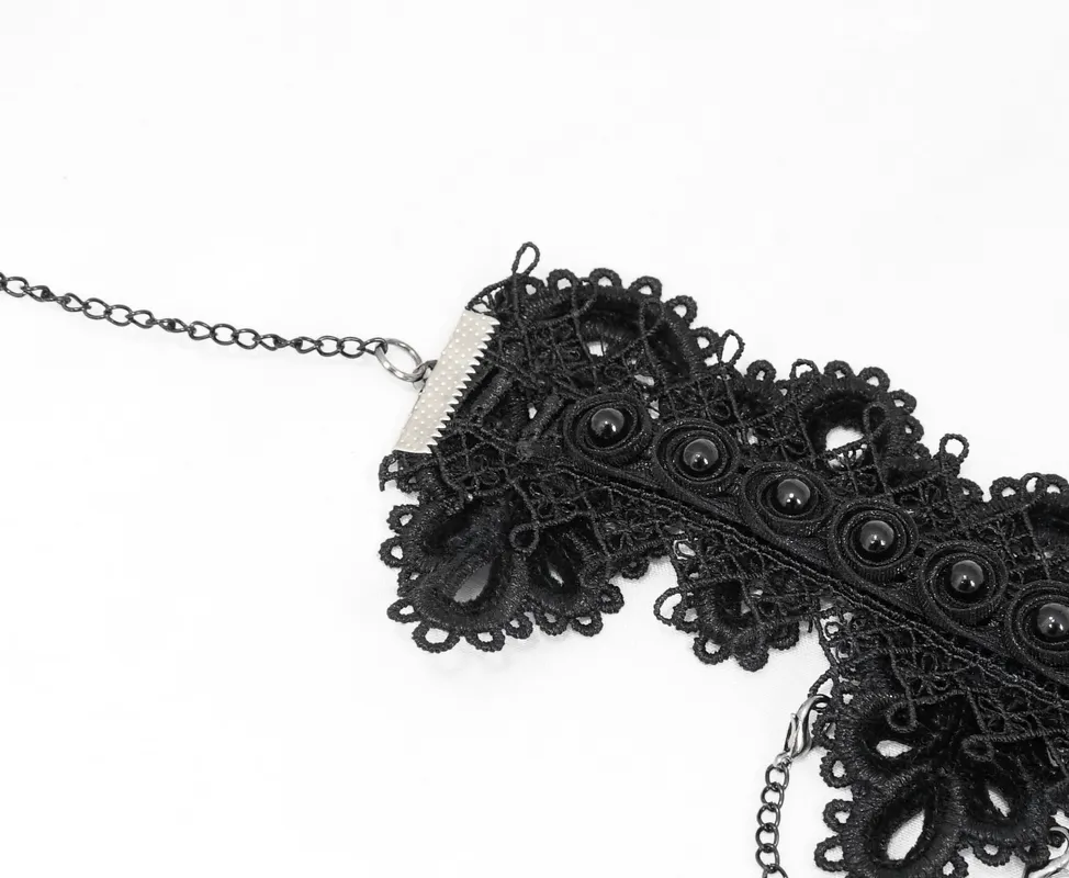 Women's Black Lace Necklace with Rhinestones / Elegant Gothic Necklace with Drop Shaped Pendant
