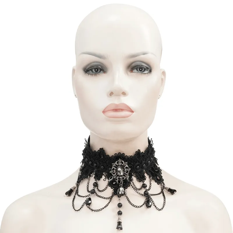 Women's Black Lace Necklace with Rhinestones / Elegant Gothic Necklace with Drop Shaped Pendant