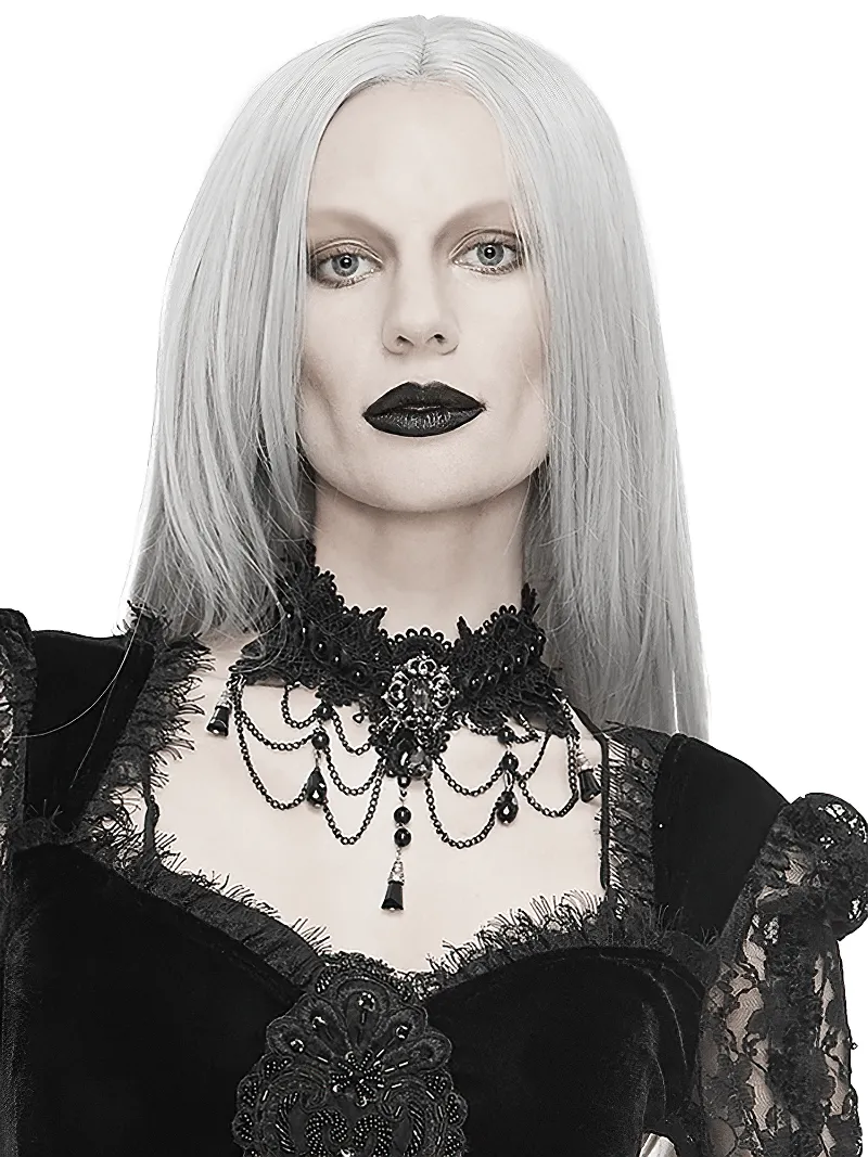 Women's Black Lace Necklace with Rhinestones / Elegant Gothic Necklace with Drop Shaped Pendant
