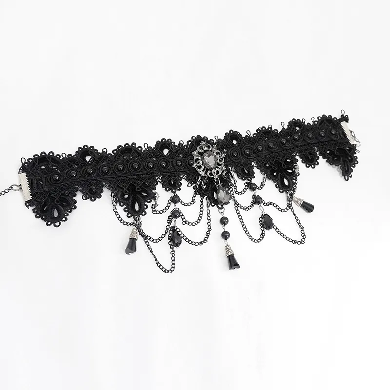 Women's Black Lace Necklace with Rhinestones / Elegant Gothic Necklace with Drop Shaped Pendant