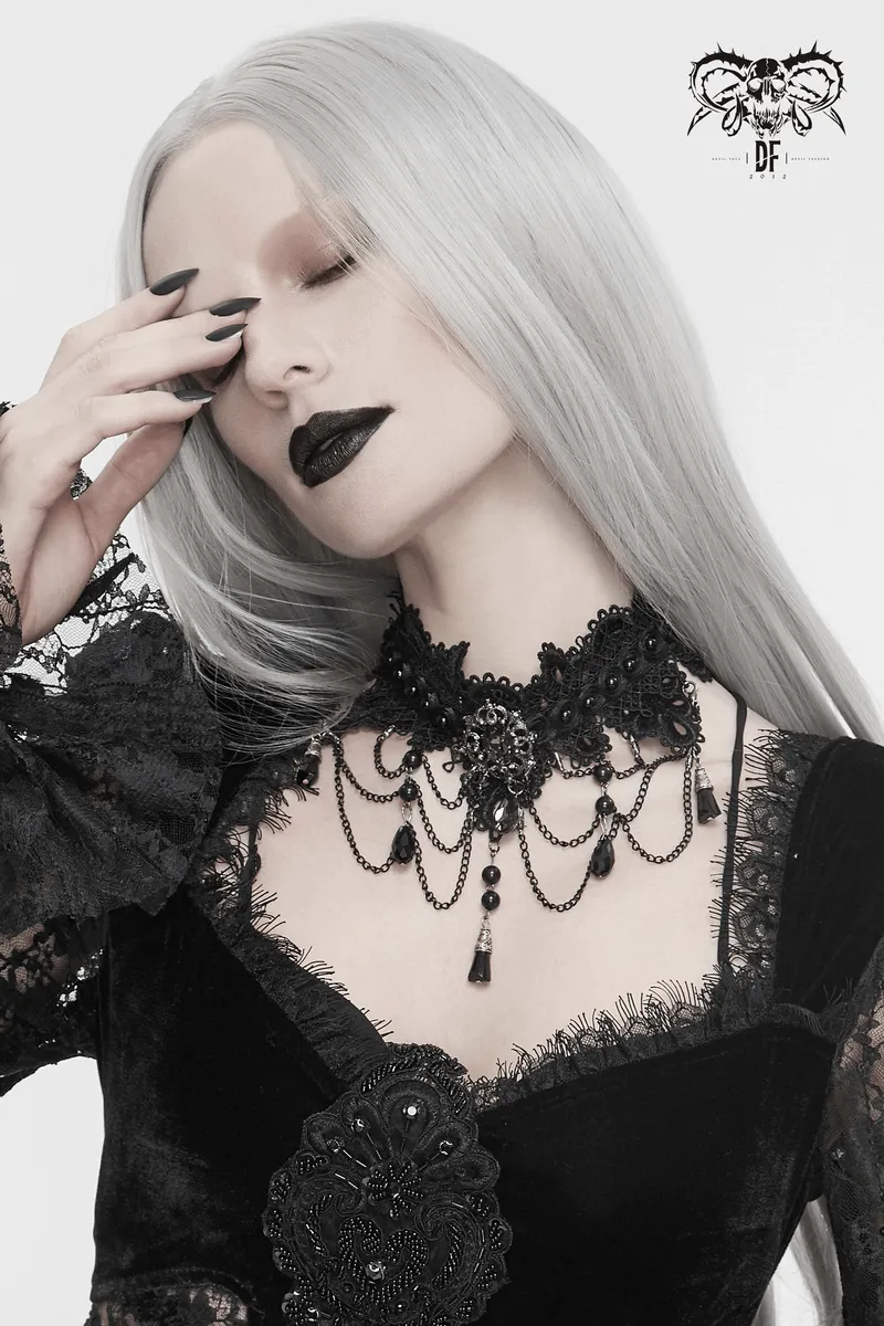 Women's Black Lace Necklace with Rhinestones / Elegant Gothic Necklace with Drop Shaped Pendant