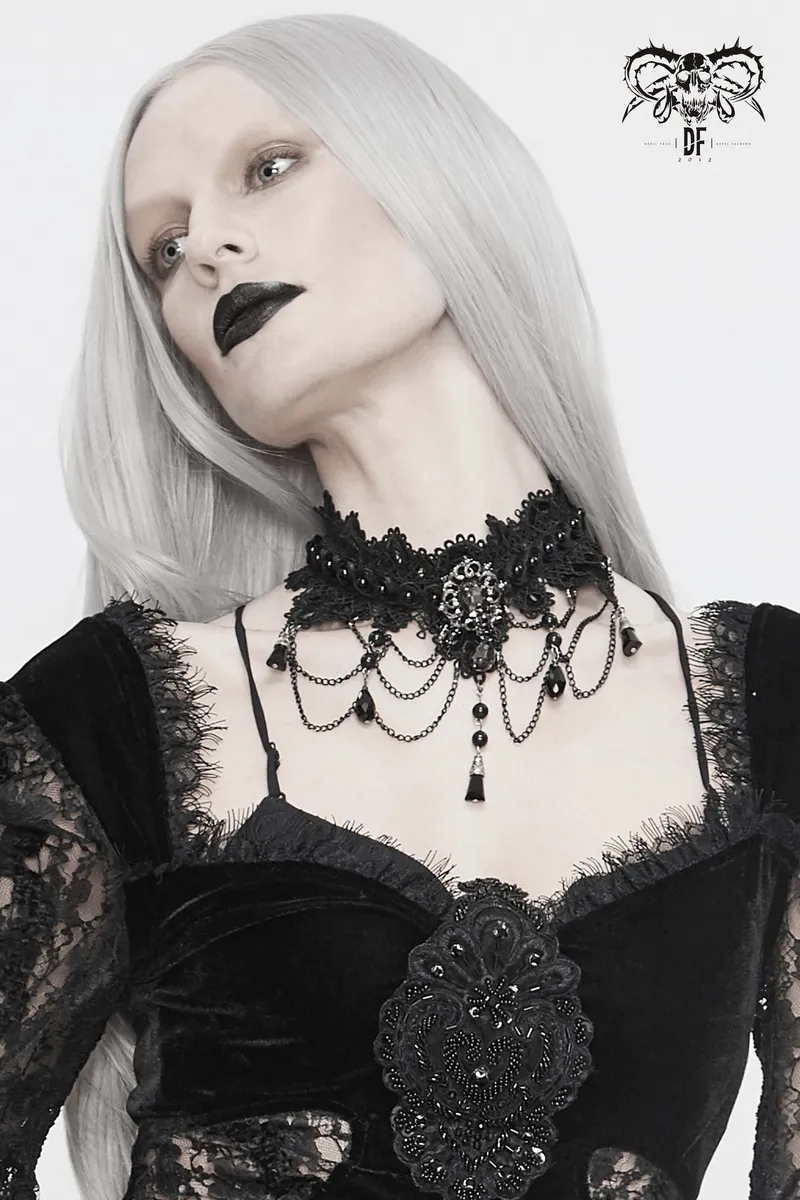 Women's Black Lace Necklace with Rhinestones / Elegant Gothic Necklace with Drop Shaped Pendant