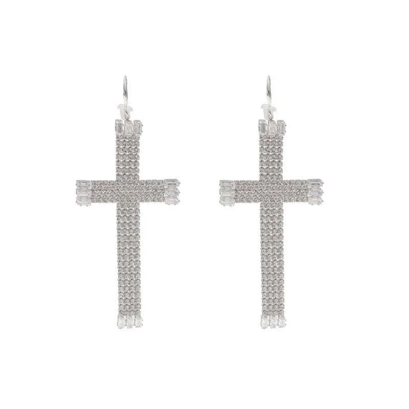 Womens Silver Tassel Cross Earrings Glamorous Crystal Jewelry